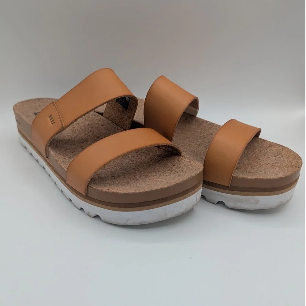 Reef Cushion Vista Hi Tan Vegan Leather Platform Slide Sandals Womens 12
